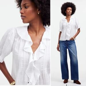 Madewell White Ruffle Windowpane Blouse